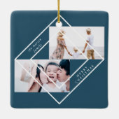 Moderne Lijst Blue Two Photo Merry Kerstmis Keramisch Ornament (Achterkant)