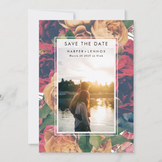 Moderne Lijst Boho Antiek Rozen Editable Foto Save The Date (Voorkant)