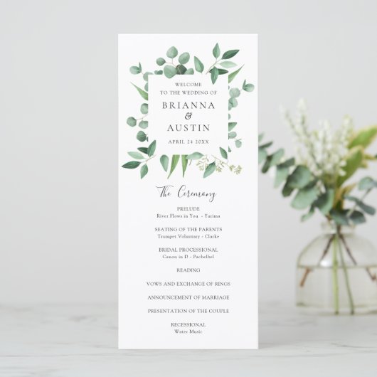 Moderne Lijst Eucalyptus Leaves Wedding Programmakaart (Staand voorkant)