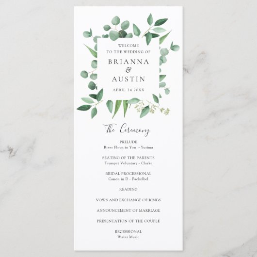 Moderne Lijst Eucalyptus Leaves Wedding Programmakaart (Voorkant)