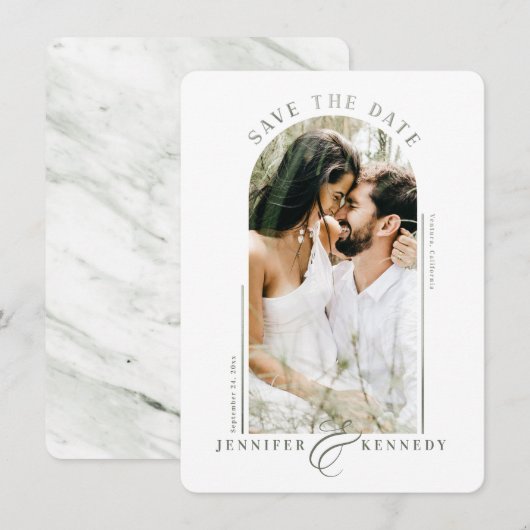 Moderne Lijst foto's Sage Green Marble Back Save The Date (Voorkant / Achterkant)