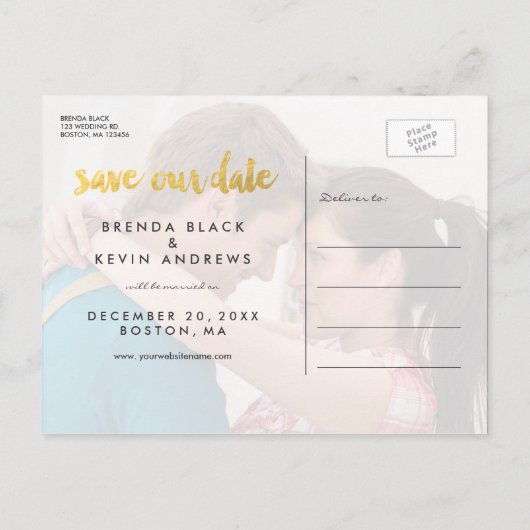 Moderne Lijst Gouden Foto Save the Date Briefkaart (Achterkant)