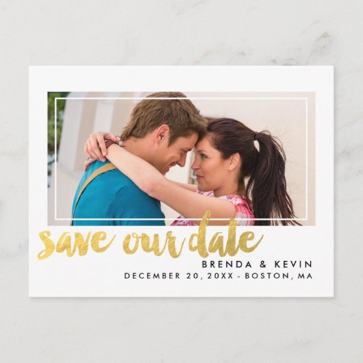 Moderne Lijst Gouden Foto Save the Date Briefkaart (Voorkant)