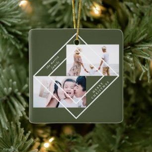 Moderne Lijst Green Two Photo Merry Kerstmis Keramisch Ornament