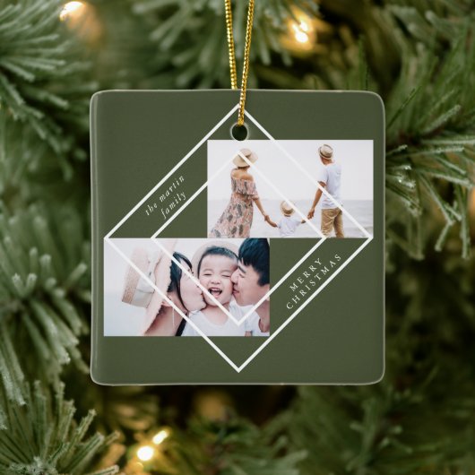 Moderne Lijst Green Two Photo Merry Kerstmis Keramisch Ornament (Boom)
