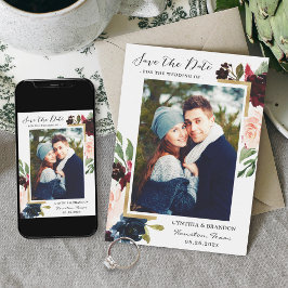 Moderne lijst roodroze bloemenfoto save the date