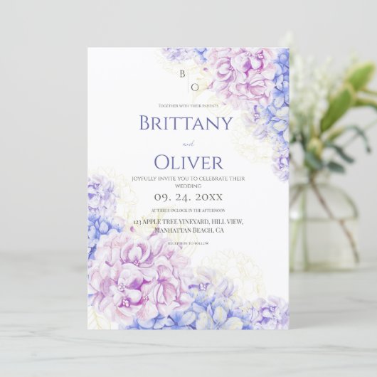 Moderne lila & blauwe bloemige bruiloft kaart (Staand voorkant)