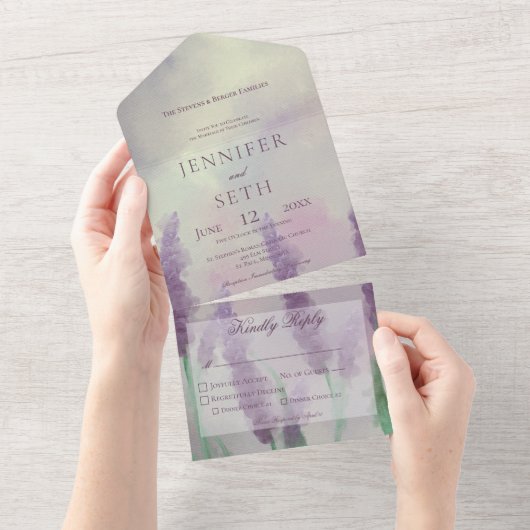 Moderne Lila bloemen op het groene avondeten All In One Uitnodiging (Afscheurbaar)