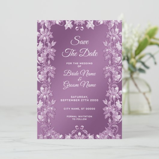 Moderne Lila bloemen sparen de datum Save The Date (Staand voorkant)