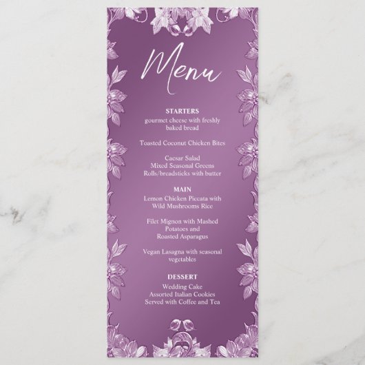 Moderne Lila bloemenbruiloft Menu (Voorkant)