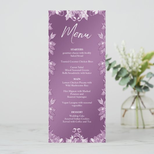 Moderne Lila bloemenbruiloft Menu (Staand voorkant)
