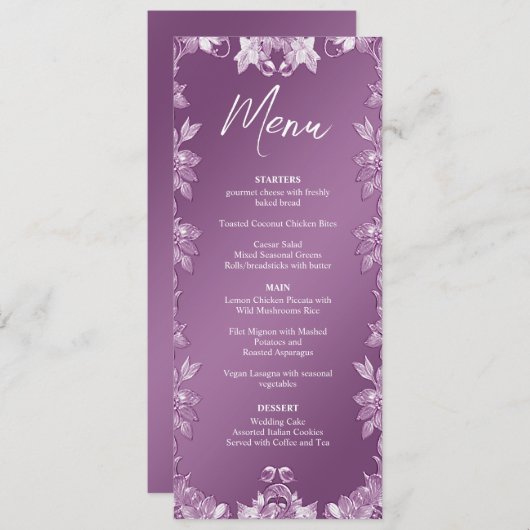 Moderne Lila bloemenbruiloft Menu (Voorkant / Achterkant)