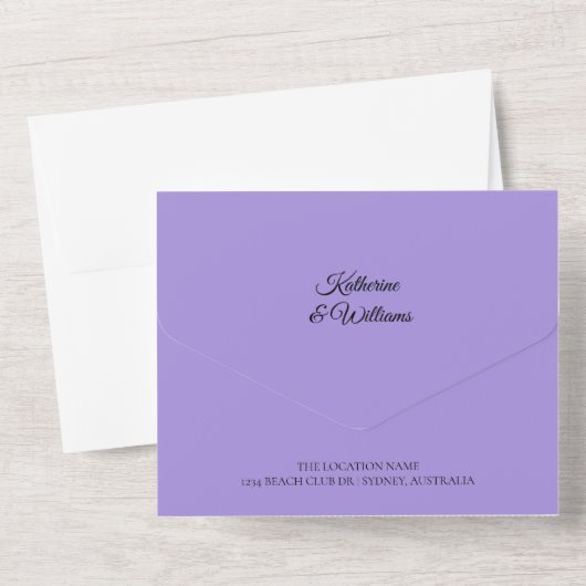 Moderne Lila bruiloft verklaring All In One Uitnodiging (Achterkant)