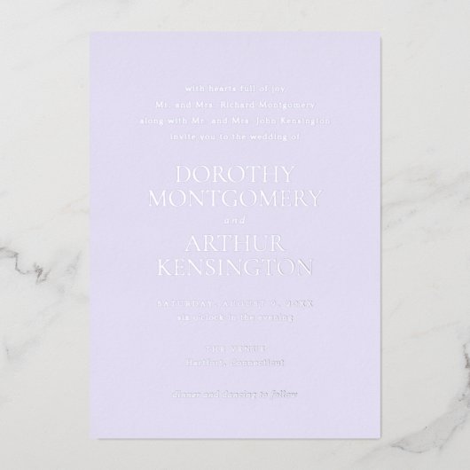 Moderne Lila elegante bruiloft Folie Uitnodiging (Voorkant)