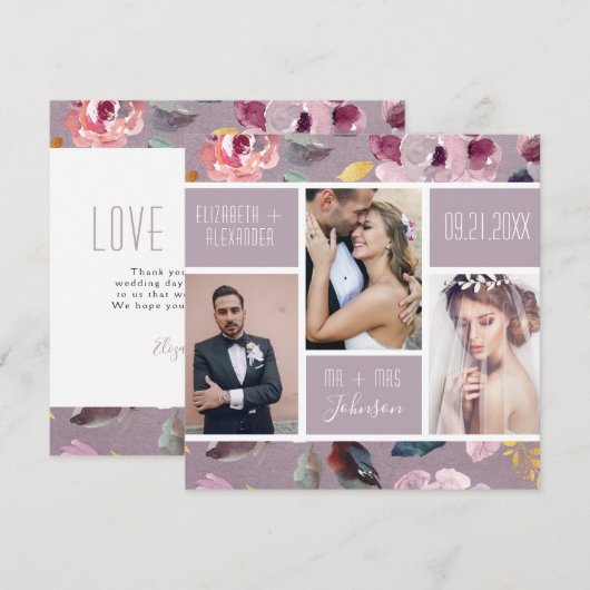 Moderne Lila Floral Photo Collage Wedding Bedankkaart (Voorkant / Achterkant)