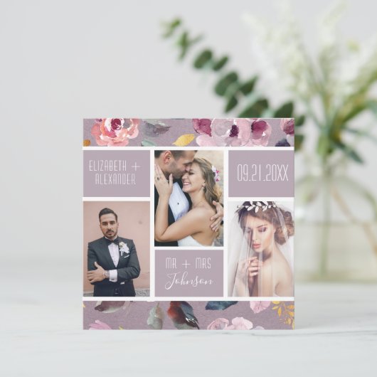 Moderne Lila Floral Photo Collage Wedding Bedankkaart (Staand voorkant)