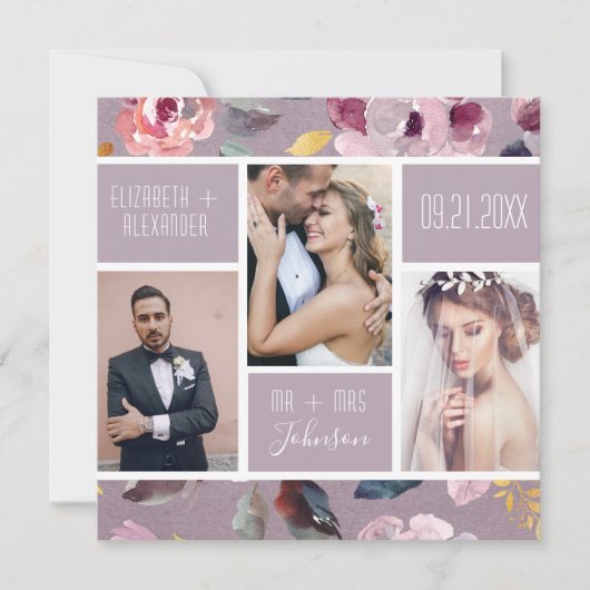Moderne Lila Floral Photo Collage Wedding Bedankkaart (Voorkant)