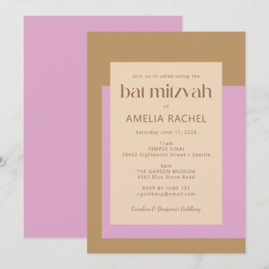 Moderne Lila goudroze meetkundige vlek Mitzvah Kaart (Voorkant / Achterkant)