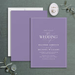 Moderne Lila lavendel Calligraphy Wedding Kaart<br><div class="desc">Deze eenvoudige, minimalistische lila lavender en witte typografie bruiloft is een stijlvol, elegant en modern design. Het is de uitdrukking 'De bruiloft van' in moderne kalligrafie en Serif-tekst. Het is gebaseerd op onze beste vrijgezellenfeest-uitnodiging. De achterkant van de kaart is voorzien van een lila lavenderstructuur. De ontwerper van het contact...</div>