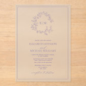 Moderne Lila lavender Leafy Crest Monogram Weddens Acryl Uitnodigingen (Voorkant)