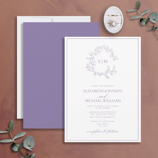Moderne Lila lavender Leafy Crest Monogram Weddens Kaart