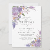 Moderne Lila lavender Mauve Script Floral Wedding Kaart (Voorkant)