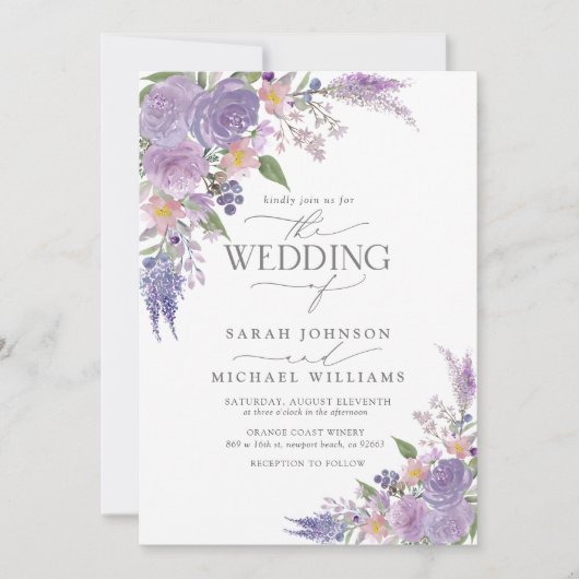 Moderne Lila lavender Mauve Script Floral Wedding Kaart (Voorkant)
