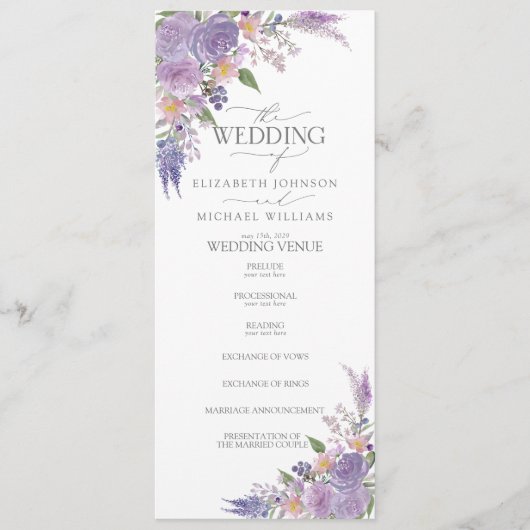 Moderne Lila lavender Mauve Script Floral Wedding Programmakaart (Voorkant)