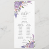 Moderne Lila lavender Mauve Script Floral Wedding Programmakaart (Achterkant)