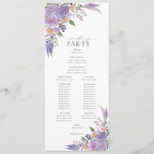 Moderne Lila lavender Mauve Script Floral Wedding Programmakaart (Achterkant)