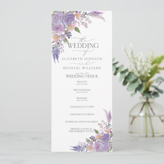 Moderne Lila lavender Mauve Script Floral Wedding Programmakaart (Staand voorkant)