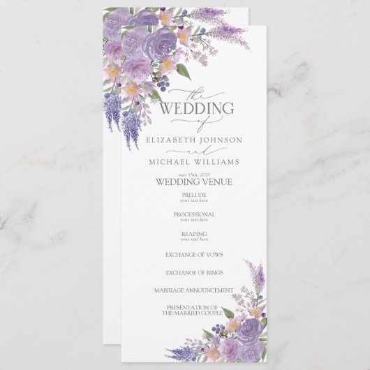 Moderne Lila lavender Mauve Script Floral Wedding Programmakaart (Voorkant / Achterkant)