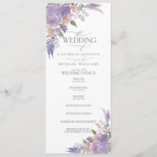 Moderne Lila lavender Mauve Script Floral Wedding Programmakaart