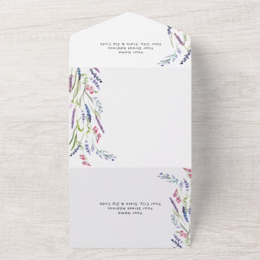 Moderne Lila lavender Mauve Wedding All In One Uitnodiging (Buitenkant)