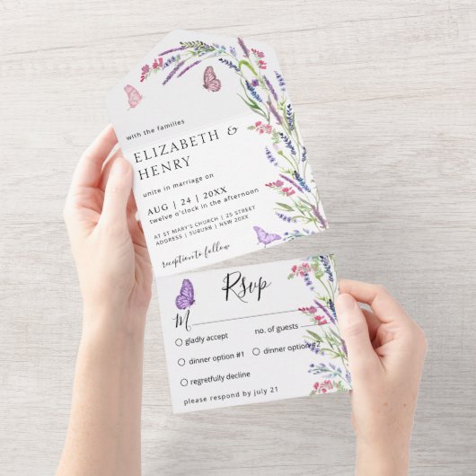 Moderne Lila lavender Mauve Wedding All In One Uitnodiging (Afscheurbaar)