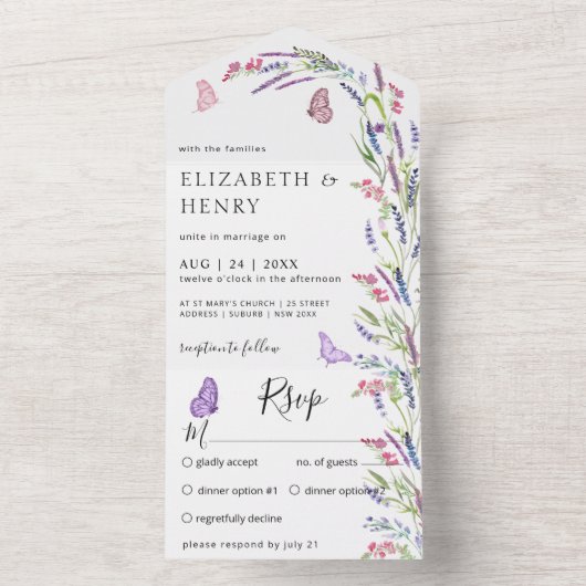 Moderne Lila lavender Mauve Wedding All In One Uitnodiging (Binnen)
