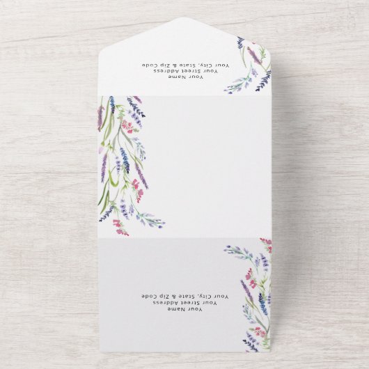 Moderne Lila lavender Mauve Wedding All In One Uitnodiging (Buitenkant)