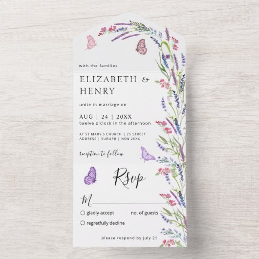 Moderne Lila lavender Mauve Wedding All In One Uitnodiging (Binnen)
