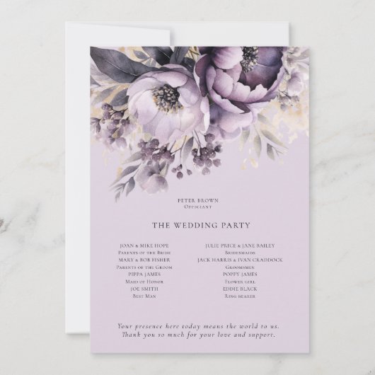 Moderne Lila Paarse Bloemen Trouwprogramma Kaart (Achterkant)