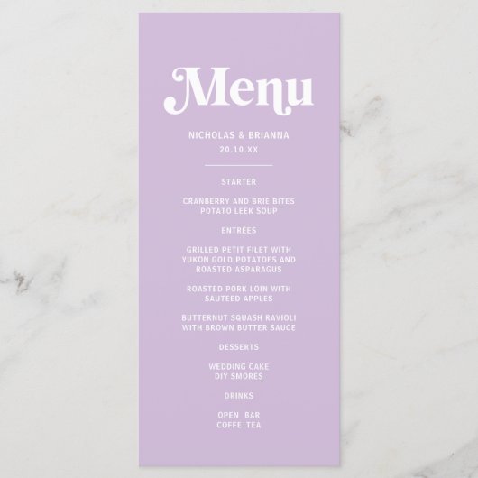 Moderne Lila Paarse bruiloft Menu (Voorkant)