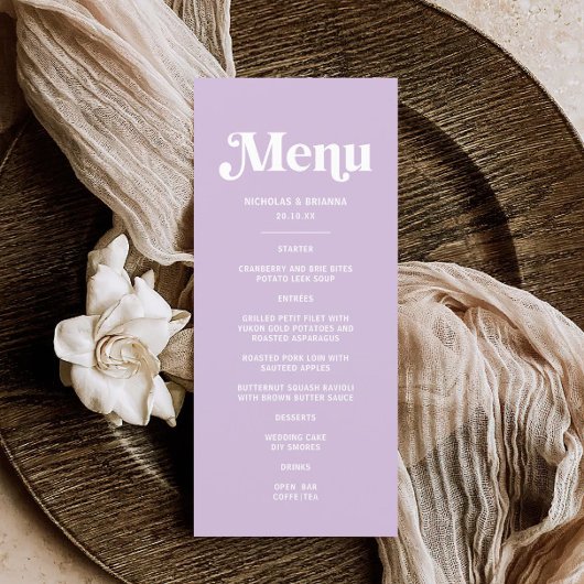 Moderne Lila Paarse bruiloft Menu