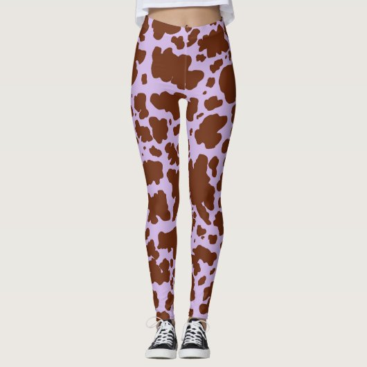 Moderne Lila Paarse en Bruine Koe Bontprint Leggings (Voorkant)