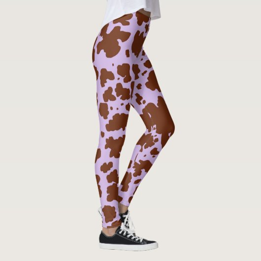 Moderne Lila Paarse en Bruine Koe Bontprint Leggings (Rechts)