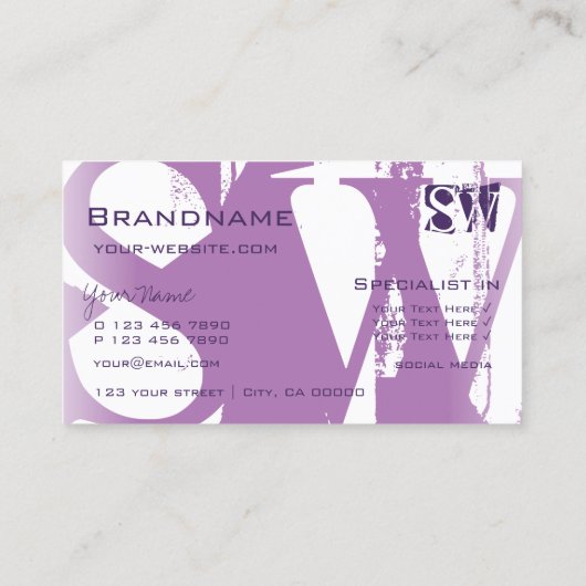 Moderne Lila Paarse en witte afbeelding met Initia Visitekaartje (Achterkant)