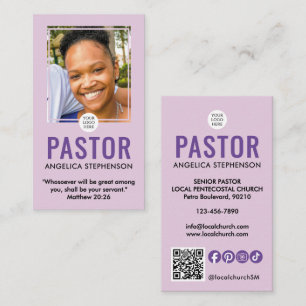 Moderne Lila Paarse Foto QR Logo Kerk Pastor  Visitekaartje