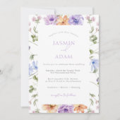 Moderne Lila & Perzik Bloemen Huwelijk Kaart (Voorkant)