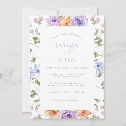 Moderne Lila & Perzik Bloemen Huwelijk Kaart (Voorkant)