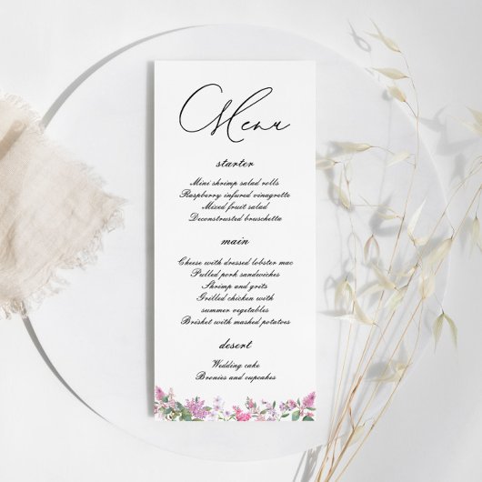 Moderne Lila Waterverf Wildbloemen Bruiloft Menu