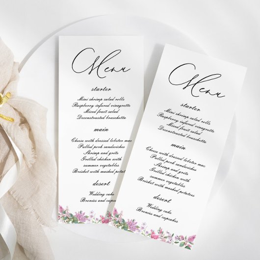Moderne Lila Waterverf Wildbloemen Bruiloft Menu