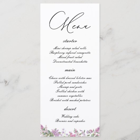 Moderne Lila Waterverf Wildbloemen Bruiloft Menu (Voorkant)